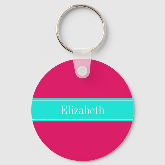 Porte-clés Solid Raspberry, Bright Aqua Ribbon Name Monogram (Recto)