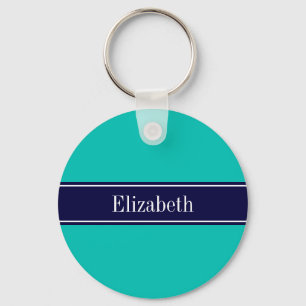 Porte-clés Solid Teal, Navy Blue Ribbon Name Monogram
