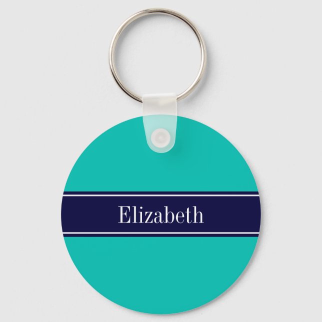 Porte-clés Solid Teal, Navy Blue Ribbon Name Monogram (Recto)