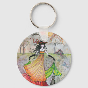Porte-clés Sorcière et chat d'automne Rêverie Halloween Art