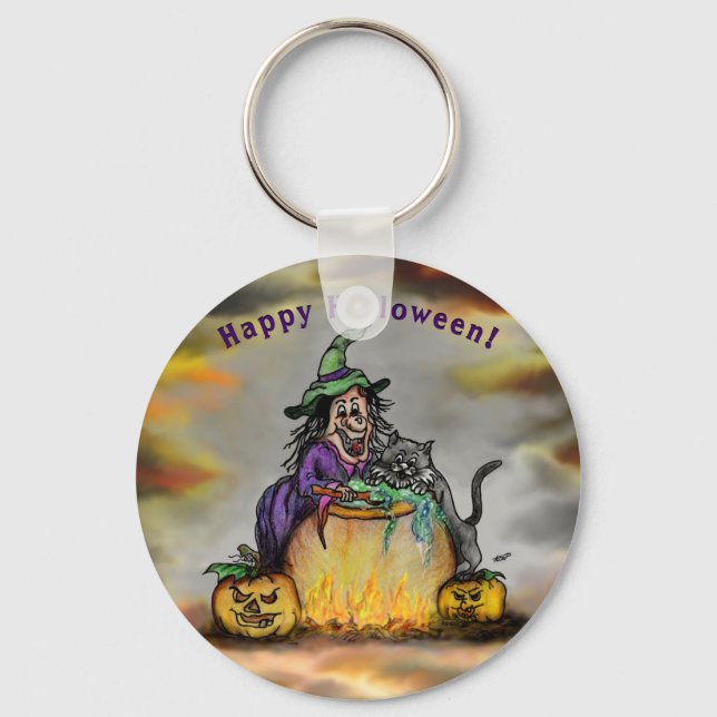 Porte-clés Sorcière et chat noir, Happy Halloween ! (Recto)