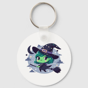 Porte-clés Sorcière sur Broom Halloween Cute Cartoon Moon Bat