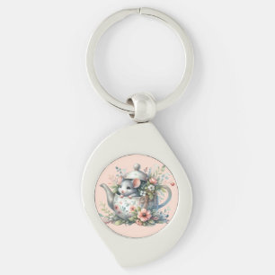 Porte-clés Souris mignonne en théière florale Illustration