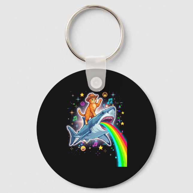 Porte-clés Space Cowboy Cat Riding Shark Rainbow Xel Art  (Recto)