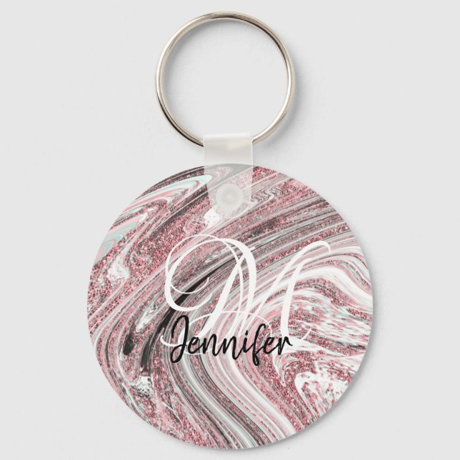 Porte-clés Sparkly Pink Marble Rose Gold Glitter Monogram (Recto)
