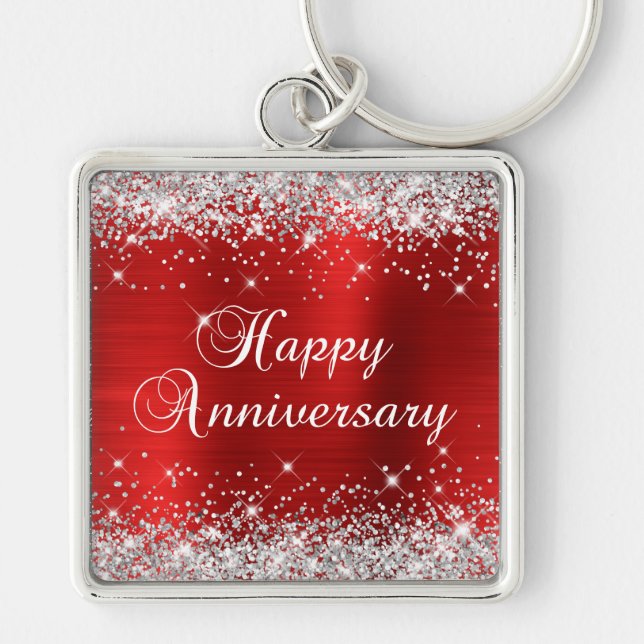 Porte-clés Sparkly Silver Glitter Red Foil Happy Anniversary (Devant)