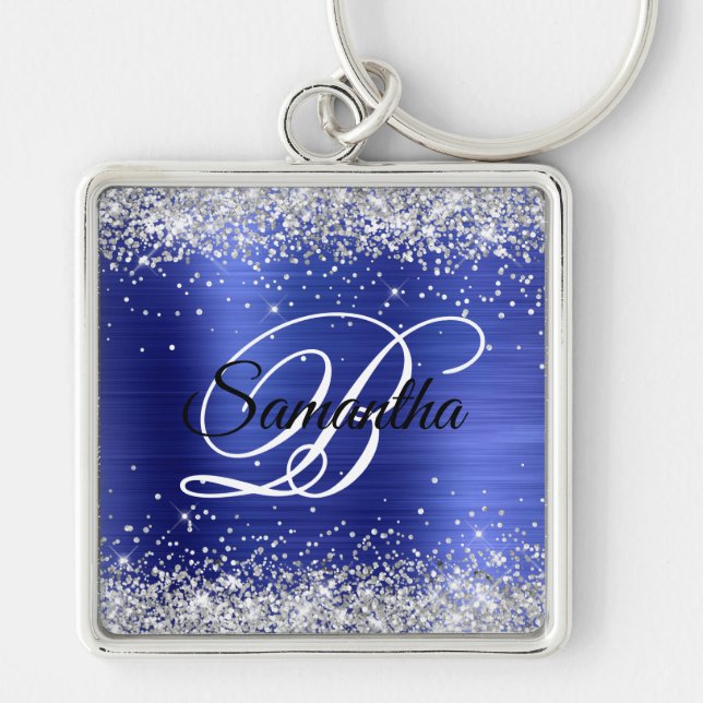 Porte-clés Sparkly Silver Glitter Sapphire Blue Foil Monogram (Devant)