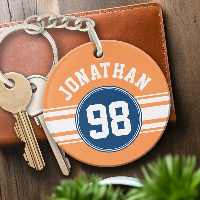 Porte-clés Sports Jersey Blue and Orange Stripes Nom Numéro (Personalized Keychain - sports jersey theme)