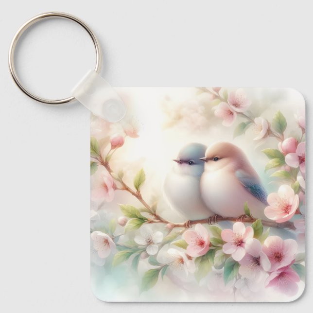 Porte-clés Spring Love Birds Cherry Blossom Floral (Recto)