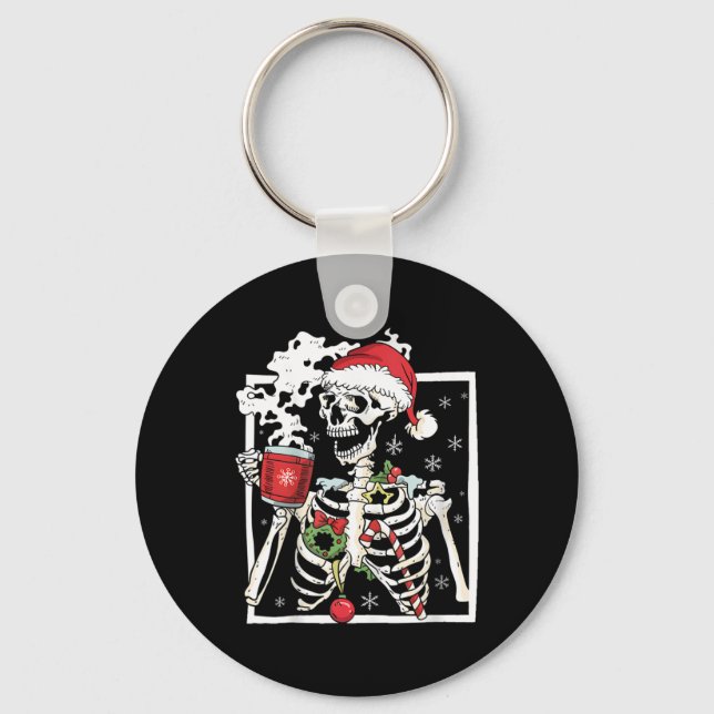 Porte-clés Squelette de Noël avec crâne souriant buvant du ca (Recto)