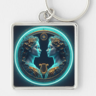 Porte-clés Statues de déesses jumelles Gemini avec cercle néo