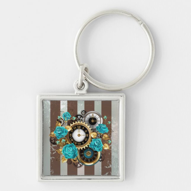 Porte-clés Steampunk Clock and Turquoise Roses on Striped (Devant)