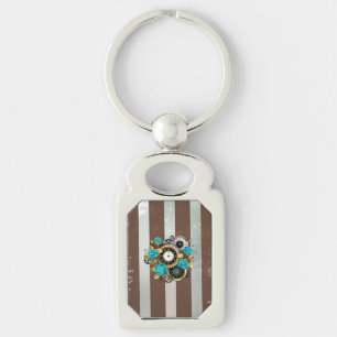 Porte-clés Steampunk Clock and Turquoise Roses on Striped