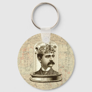 Porte-clés Steampunk clockwork brain head in jar