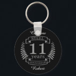 Porte-clés Steel Eleventh wedding anniversary 11 years<br><div class="desc">A design to celebrate 11 years of marriage. This design has a grey (steel) colored laurel design on a black background. Steel is the traditional gift for this occasion. The text reads Steel 11 years anniversary. A romantic design to celebrate your 11th year of marriage. If you would like any...</div>