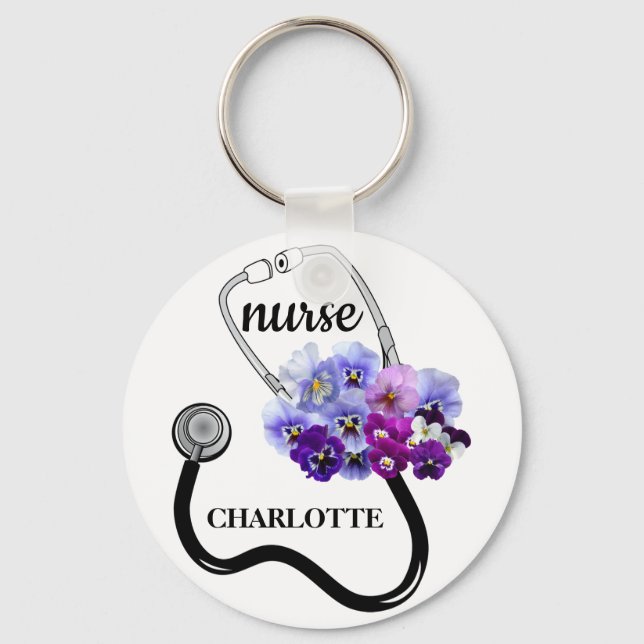Porte-clés Stéthoscope d'infirmière et floral de pensée bleue (Recto)