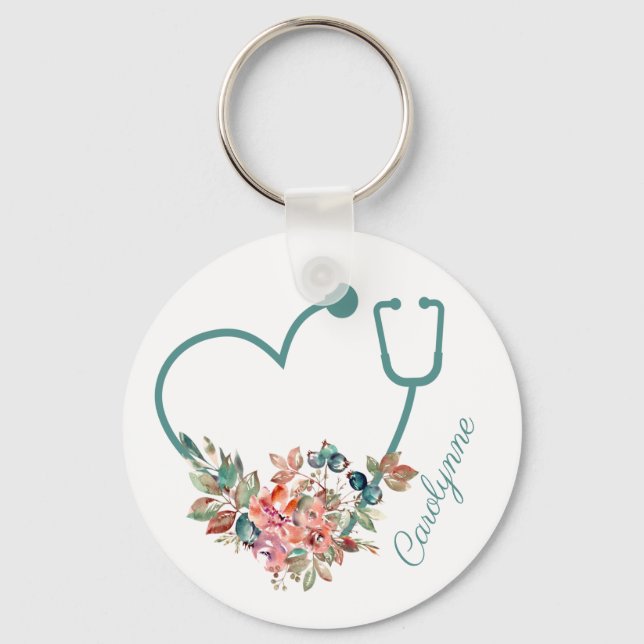 Porte-clés Stethoscope floral Coeur soignant infirmière médec (Recto)