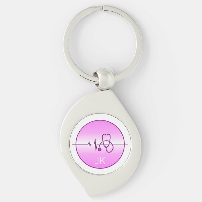 Porte-clés Stéthoscope Médical Rose Monogrammé Battement de C (Devant)