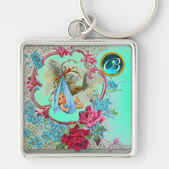 PORTE-CLÉS STORK BABY BOY SHOWER GEM MONOGRAM (Devant)