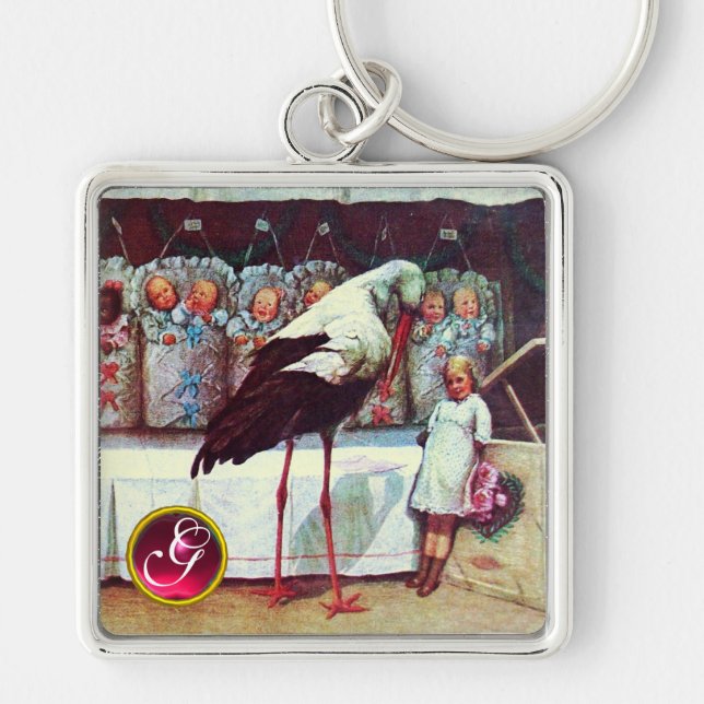 PORTE-CLÉS STORK BABY GIRL SHOWER GEM MONOGRAM (Devant)