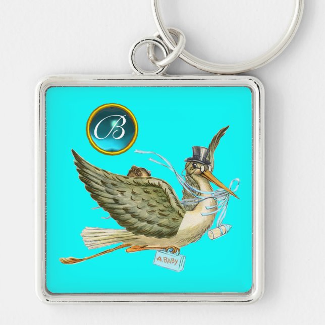 Porte-clés STORK BOY BABY SHOWER BLUE GEM MONOGRAM Turquoise (Devant)