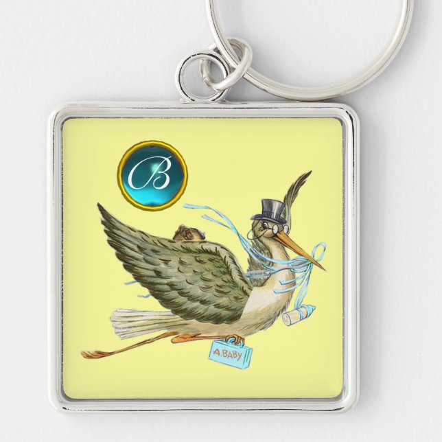 Porte-clés STORK BOY BABY SHOWER BLUE GEM MONOGRAM Yellow (Devant)
