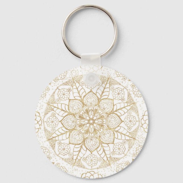 Porte-clés Style Boho Blanc Or Mandala Floral (Recto)