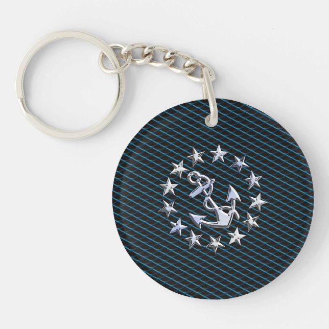 Porte-clés Style Chrome bleu Yacht drapeau sur Grille Imprime (Devant)