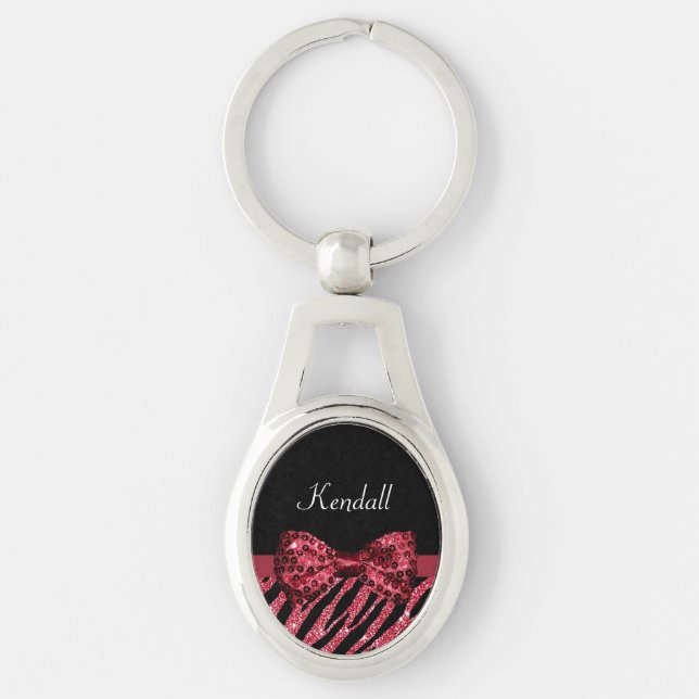 Porte-clés Style Red Zebra Print FAUX Glitz Bow avec nom (Devant)