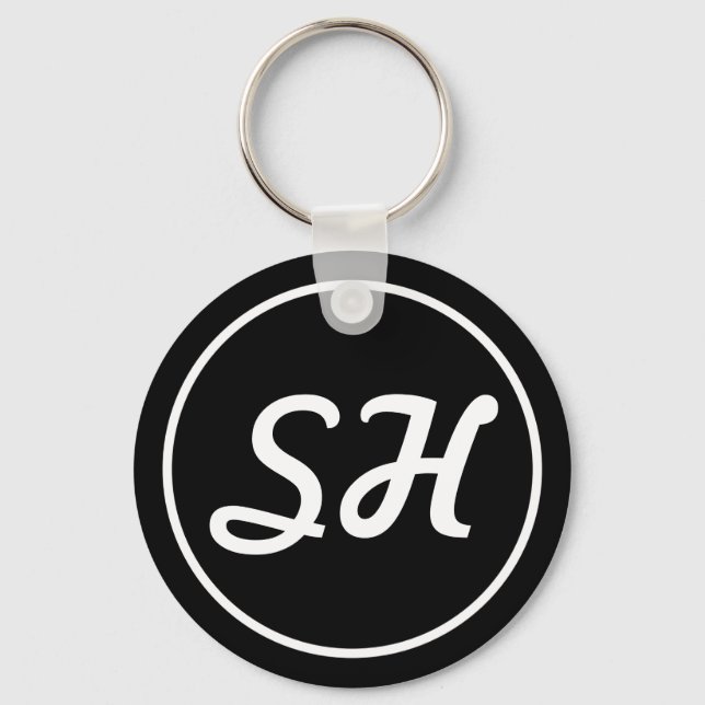 Porte-clés Style Rétro-Moderne Monogramme | Noir & Blanc (Recto)