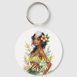 Porte-clés Style vintage Hawaii Voyage Honolulu Hula Girl