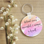 Porte-clés Successful Woman Pink Watercolor Chic Typography<br><div class="desc">“Behind every successful woman is herself.” So who needs Prince Charming? Make your own “happily ever after” and embrace “girl power” whenever you use this stylish, colorful inspirational feminist acrylic keychain with sweet black handwritten script typography overlaying a yellow, peach, pink and purple ombre watercolor splash. This keychain comes in...</div>