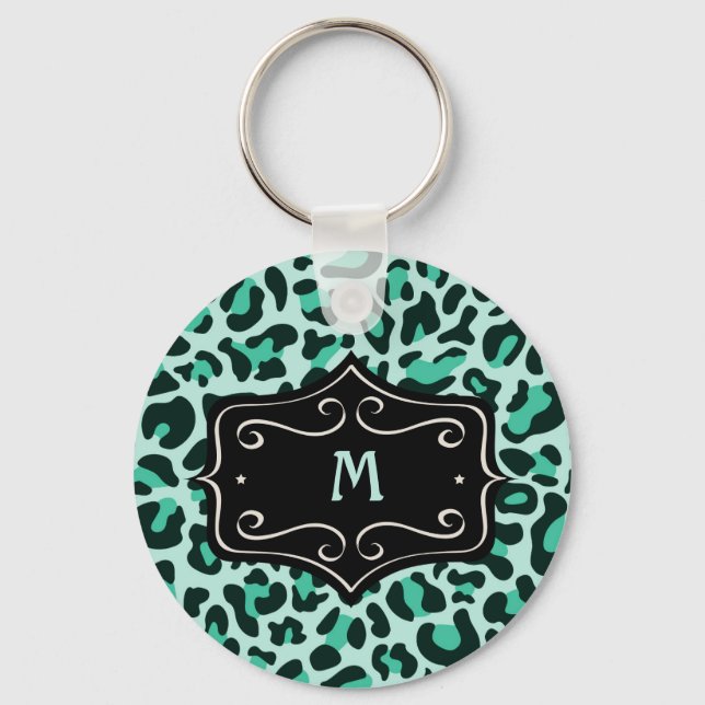 Porte-clés Super Cool Bleu Sarcelle Imprimé Léopard Monogramm (Recto)