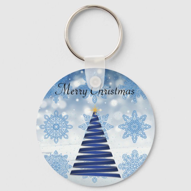 Porte-clés Superbe arbre de Noël bleu, Flocon de neige (Recto)