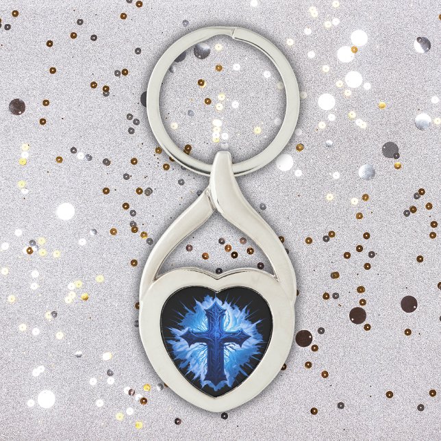 Porte-clés Superbe Croix Bleue Chrétienne sur noir | (Créateur téléchargé)