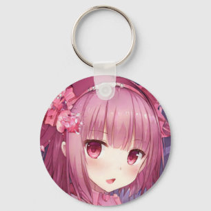 Porte-clés Surprised magenta pink hair eyes anime girl roses 
