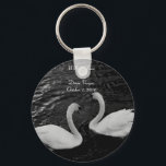 Porte-clés Swan Wedding Keychain<br><div class="desc">This pretty keychain features a photograph of two white swans swimming.  There is a spot for the bride and groom names and wedding date.  This is perfect to hand out as save the date or wedding favors!</div>
