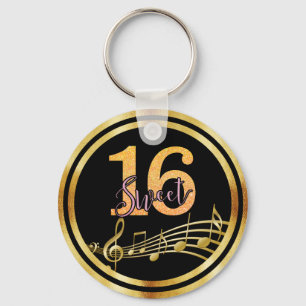 Porte-clés Sweet 16 notes de musique en or noir