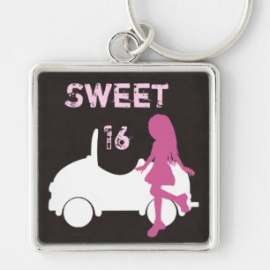 Porte-clés Sweet 16 Silhouette fille et voiture rose et Brown
