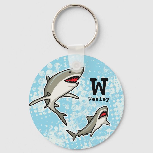 Porte-clés Swimming Sharks, Add Child's Name and Monogram (Recto)