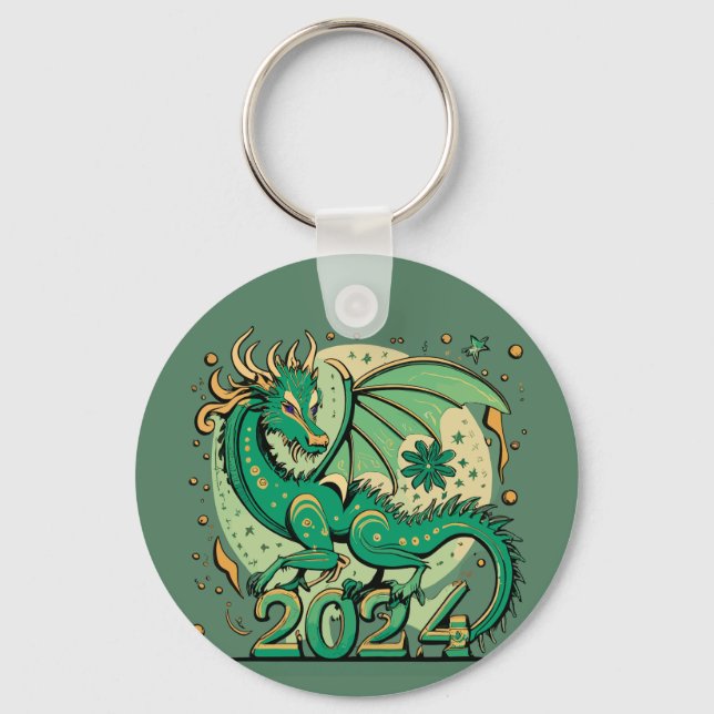 Porte-clés Symbole 2024 Nouvel An, Dragon de Bois Vert (Recto)