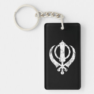 Porte-clés Symbole sikh blanc rayé de Khanda sur le noir