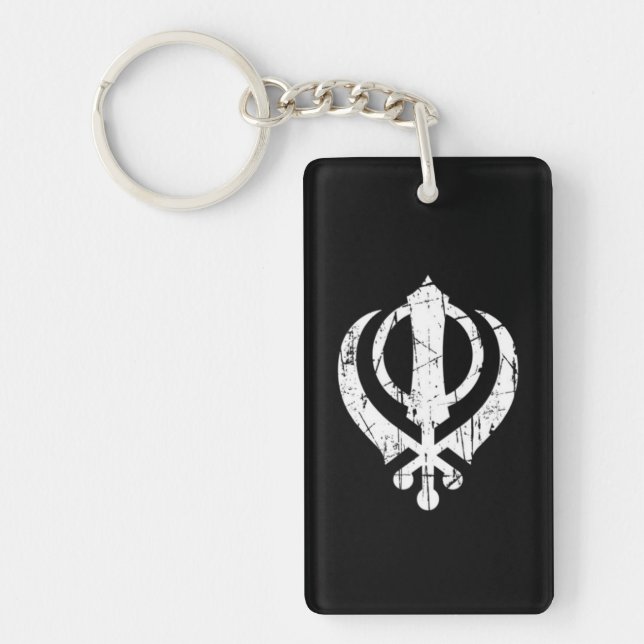 Porte-clés Symbole sikh blanc rayé de Khanda sur le noir (Devant)