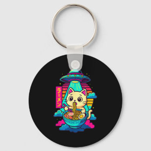 Porte-clés T-shirt graphique mignon chat alien Ufo Ramen drôl