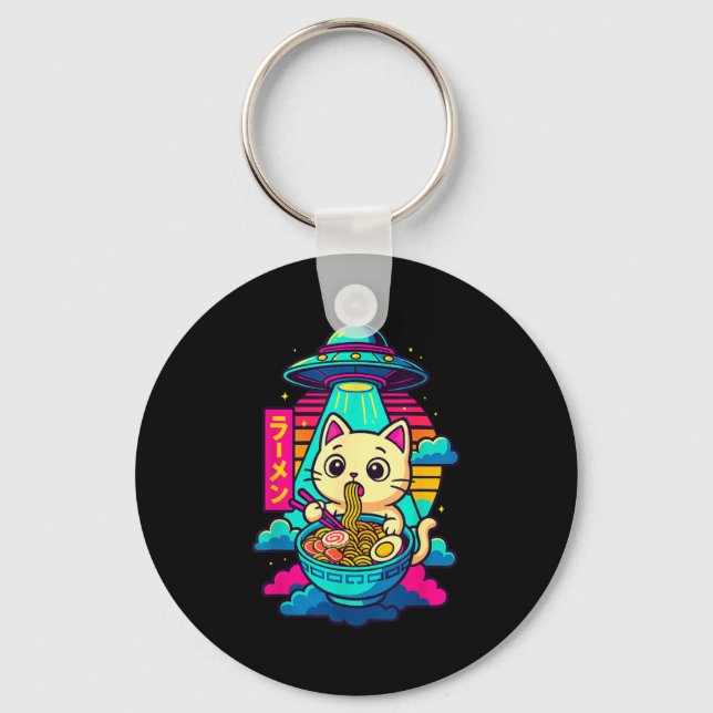 Porte-clés T-shirt graphique mignon chat alien Ufo Ramen drôl (Recto)