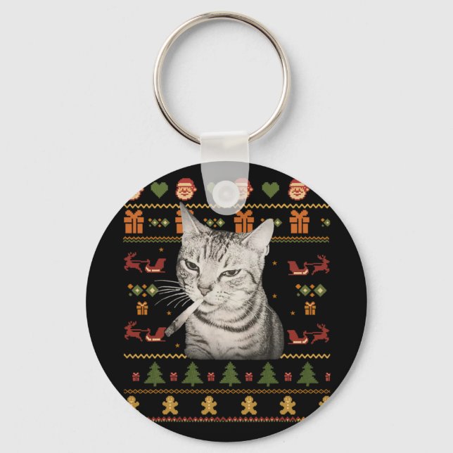 Porte-clés T-shirts drôles de chat qui fume pour Noël (Recto)