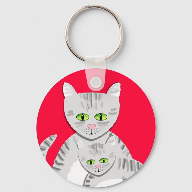 Porte-clés Tabby Argent Mère Chat et Kitten (Recto)