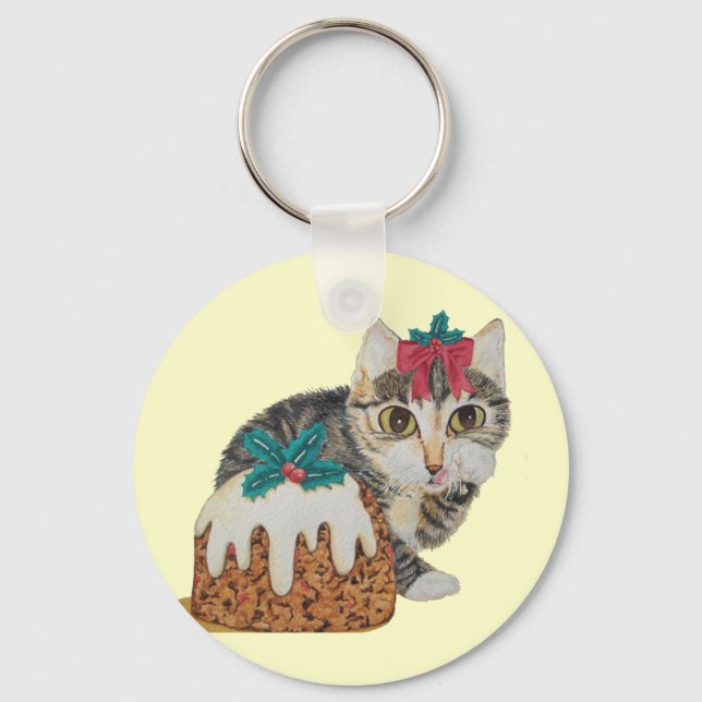 Porte-clés tabby gris chaton mignon lécher patte noël (Recto)