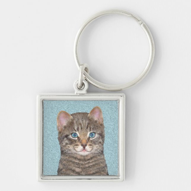 Porte-clés Tabby Gris Peinture Chat - Cute Original Art Chat (Devant)
