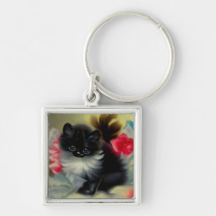 Porte-clés Tableau vintage de chaton noir et blanc